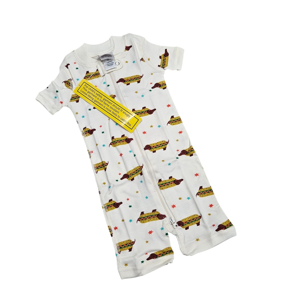 Hanna Andersson Romper Baby 6-12M Ivory Hot Dog Dachshund Star Organic Shortie